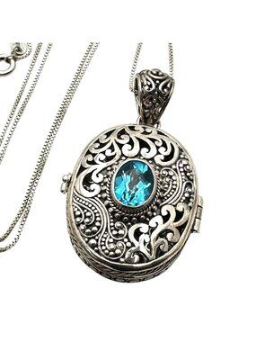 Sarda Blue Topaz Sterling Silver 2 Inch Pendant Necklace 17 Grams 17 Inch Chain